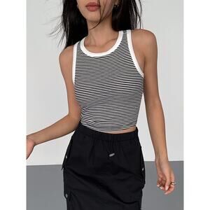 Commense Nautical Black White Casual Striped Crew Neck Tank Top Stretch Small